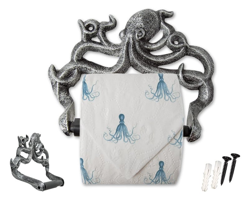 Comfify Decorative Cast Iron Octopus Toilet Paper Roll Holder - Wall Mounted Octopus Decor for Bathroom - Kraken, Nautical Bathroom Accessories - Included Screws and Anchors - Silver & Black - Image 1
